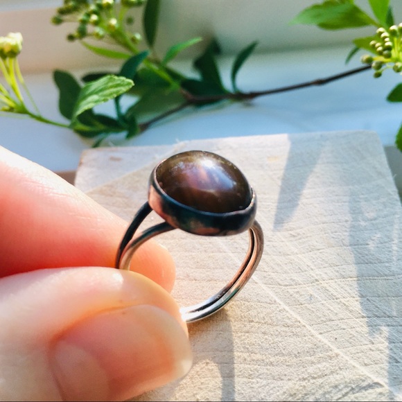 Vintage 70s Solid Sterling Silver 925 Tiger's Eye Oval Ring - Picture 2 of 6